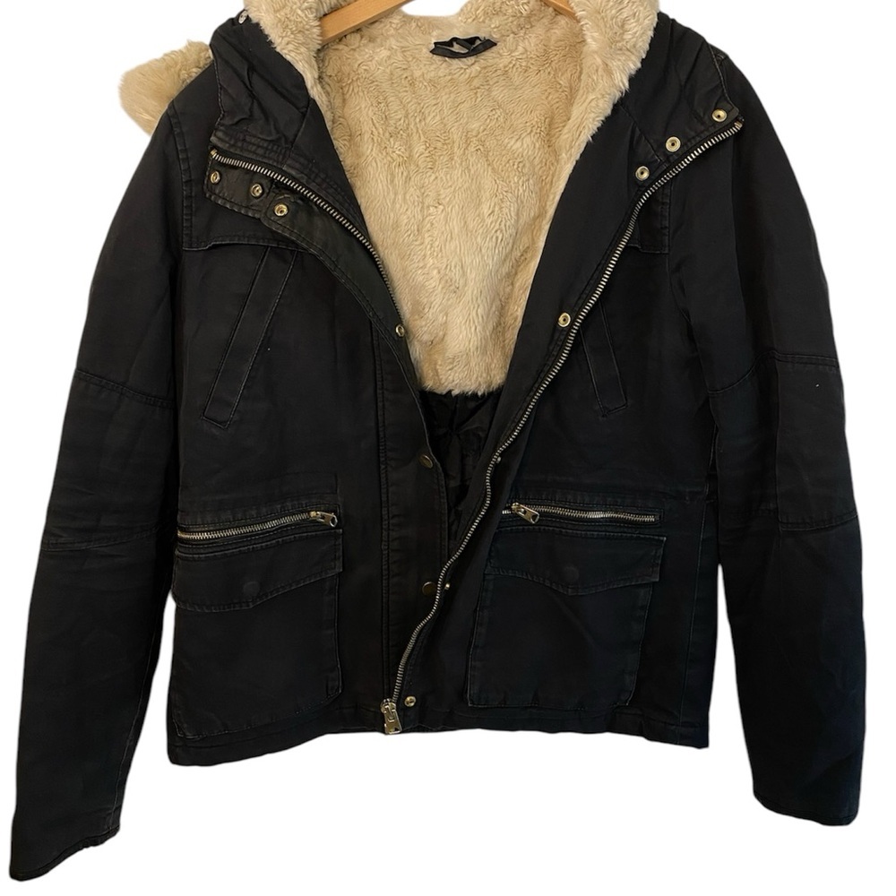 TOP SHOP Women Black Cotton Hooded Parka Jacket Sz 14 Faux Fur Lined Gold Zipper